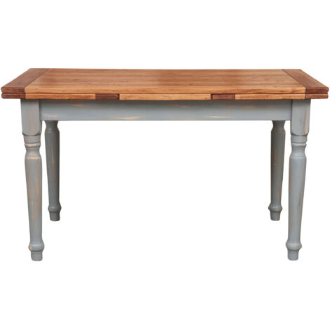 Table à rallonge champêtre en bois massif de tilleul massif, cadre gris antique, plateau fini naturel