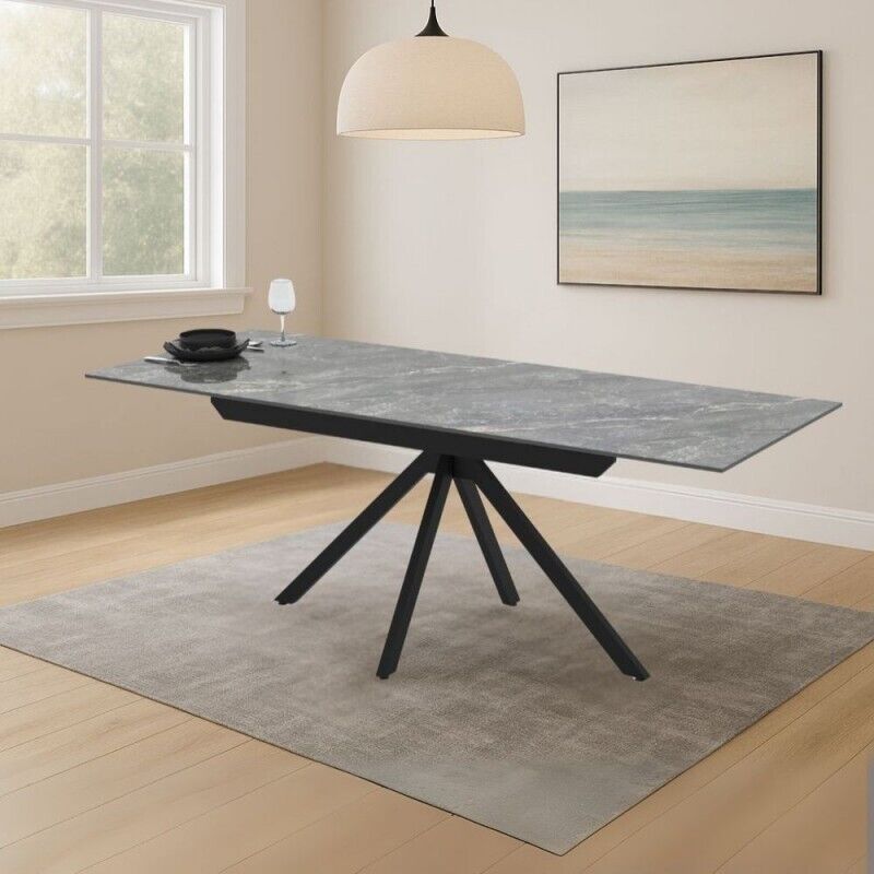 Toscohome – Table extensible en céramique effet marbre gris – 2 rallonges de 30 cm – Pieds en métal noir – Dimensions 140/200x80x76H