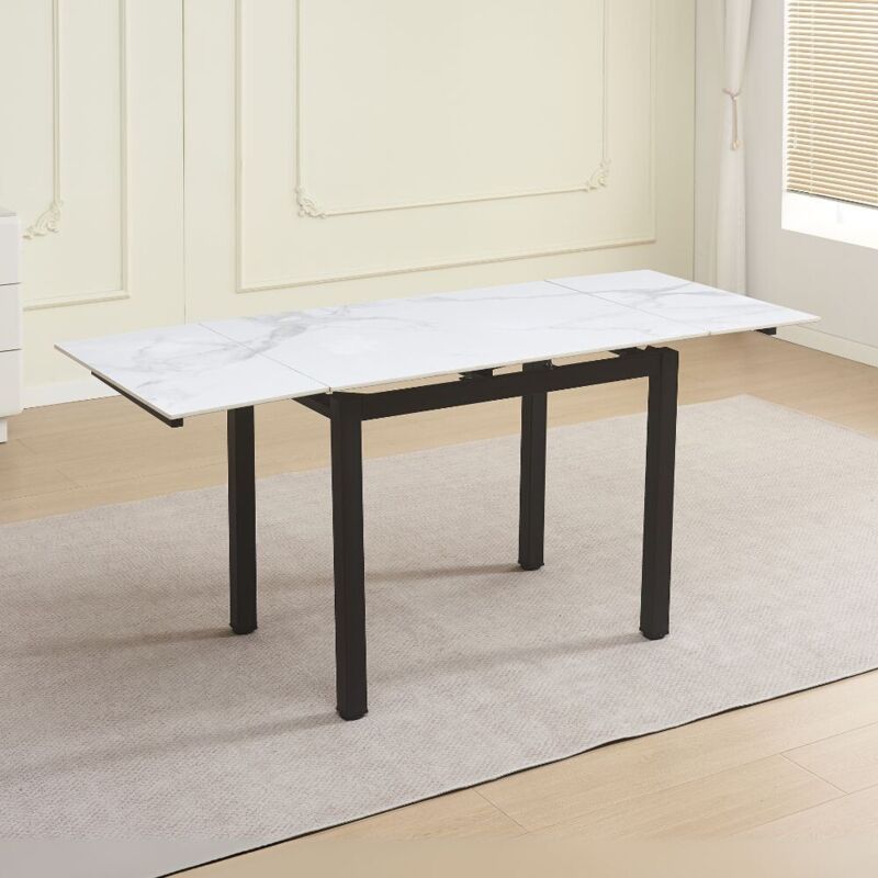 Table à rallonge Kyoto avec plateau en céramique de marbre blanc et structure en métal noir 100x70x75H