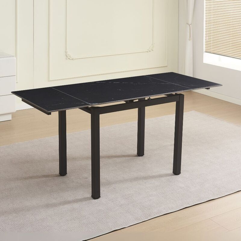Table à rallonge Kyoto avec plateau en céramique de marbre noir et structure en métal noir 100x70x75H