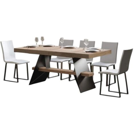 Table à rallonges 8 à 14 places bois clair et pieds acier gris foncé 180 à 284cm Klaro