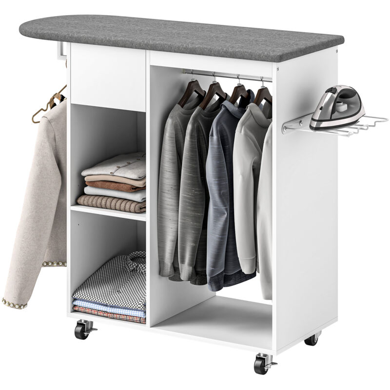 Armoire à repasser - HOMCOM - avec roulettes, barre de suspension pour vêtements, étagère ouverte - 125 x 43,5 x 102,5 cm - blanc