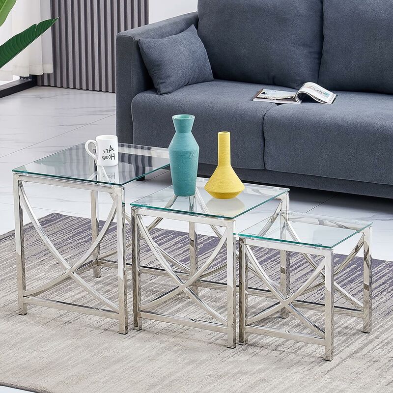 JYMTOM 3 tables à café imbriquées de canapé moderne table latérale en acier inoxydable trempage des jambes en verre transparent salon imbriqué
