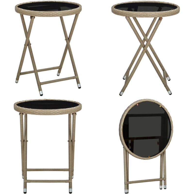Table à thé Beige 60 cm Résine tressée et verre trempé - Table Basse Jardin - Table à Thé Pliante - Mobilier De Jardin - Table Extérieure - Table En