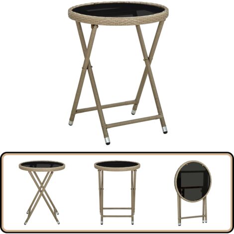 Table à thé Beige 60 cm Résine tressée et verre trempé - Table Basse Jardin - Table À Thé Pliante - Mobilier De Jardin - Table Extérieure - Table En Résine Tressée