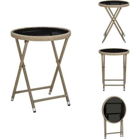Table à thé Beige 60 cm Résine tressée et verre trempé - Table Basse Jardin - Table À Thé Pliante - Mobilier De Jardin - Table Extérieure - Table En Résine Tressée