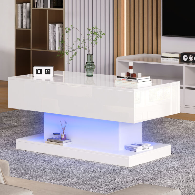 Okwish - Table basse blanche brillante avec éclairage led et rangement - table basse relevable 100x50x45 cm