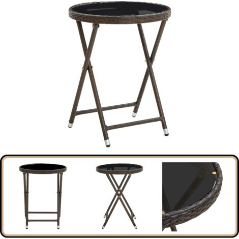 Table à thé Marron 60 cm Résine tressée et verre trempé - Table Basse Jardin - Table À Thé Pliante - Mobilier De Jardin - Table Extérieure - Résine Tressée