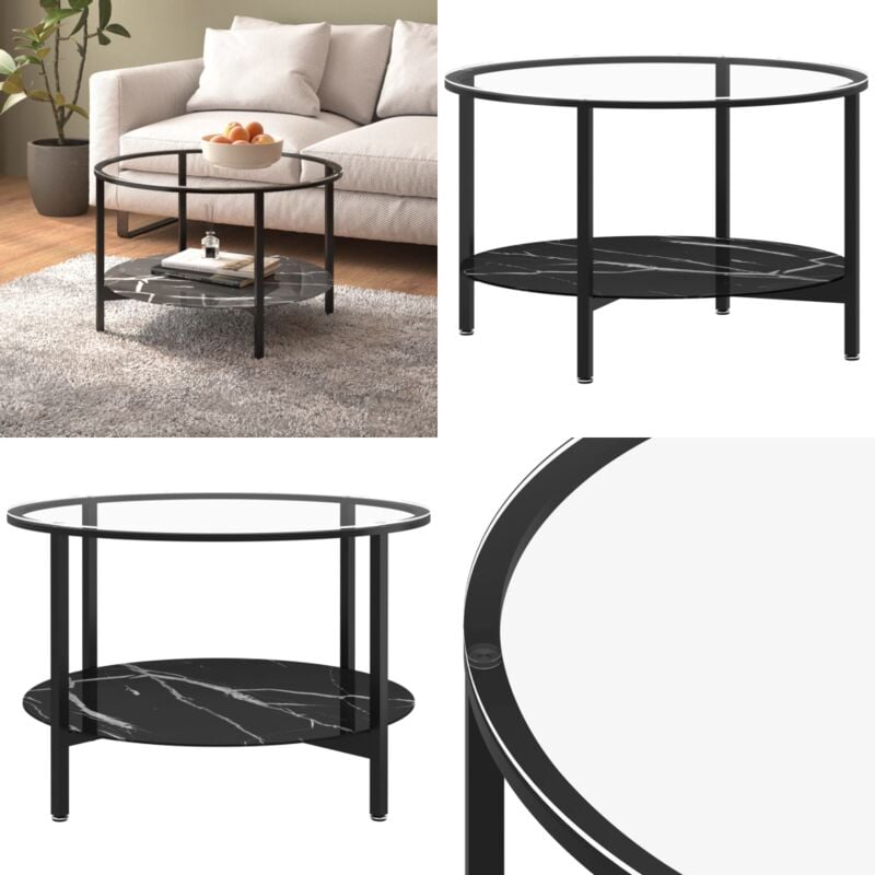 Table à thé Noir et marbre noir 70 cm Verre trempé - Table D'appoint - Table Basse - Table Ronde - Meuble Design - Style Moderne - Home & Living