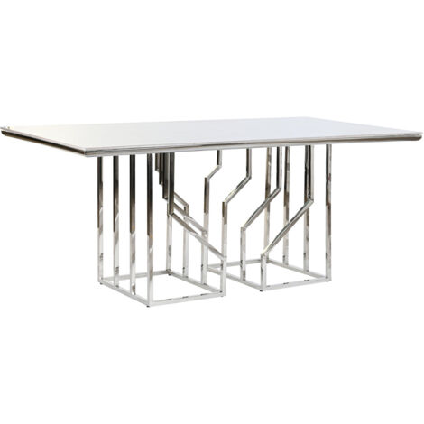 Table Acier Verre 180X90X75 Imitation Marbre Blanc