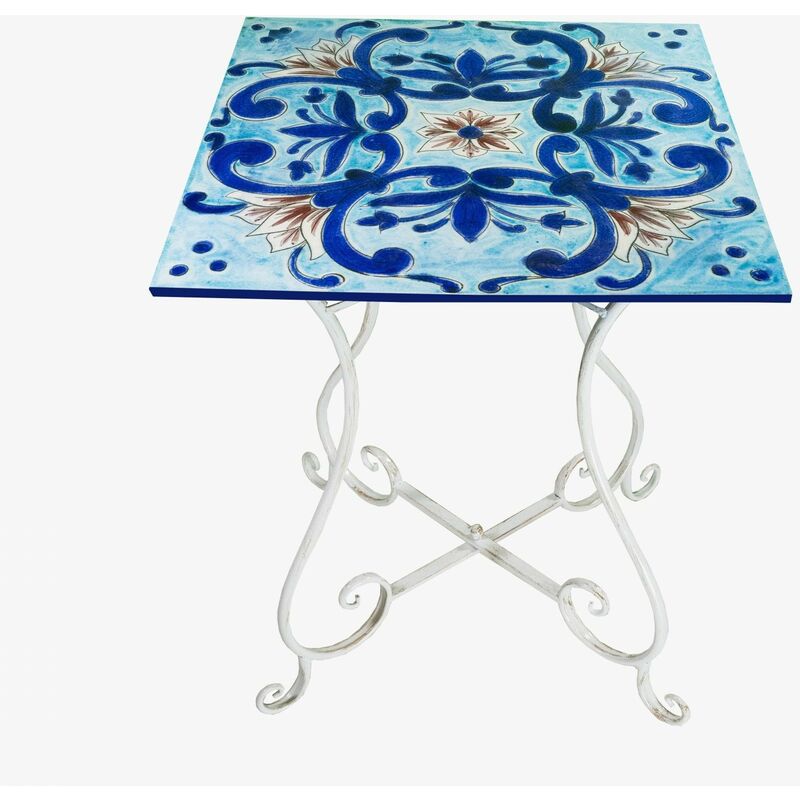 Table de jardin en grès peint à la main model Amalfi Angelica - Couleur pieds blanc