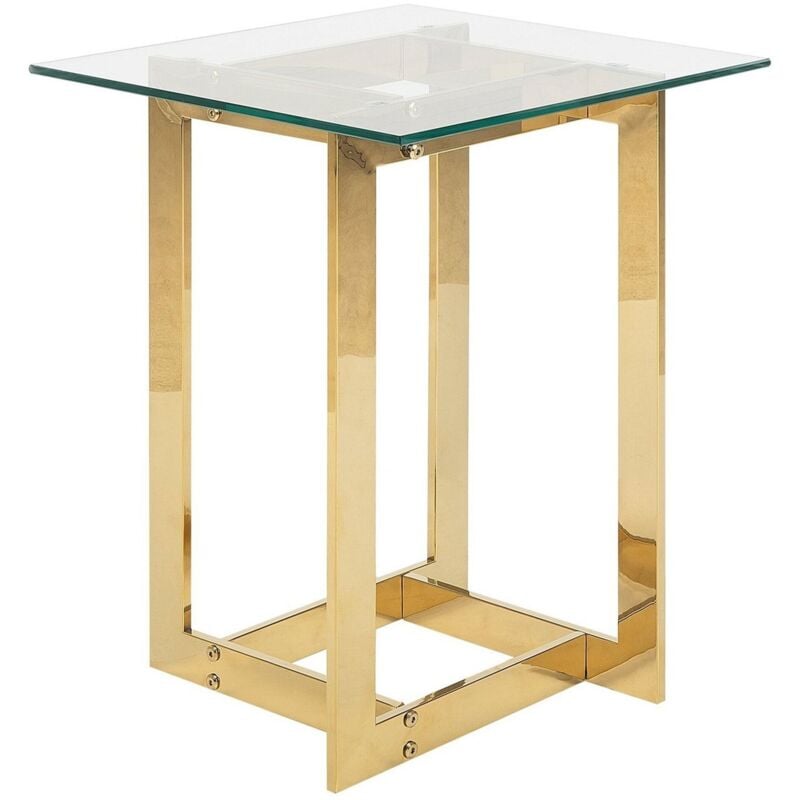 Table d'Appoint Plateau Carré en Verre Transparent et Support en Métal Doré Design Moderne et Chic pour Salon ou Chambre au Style Glamour Beliani