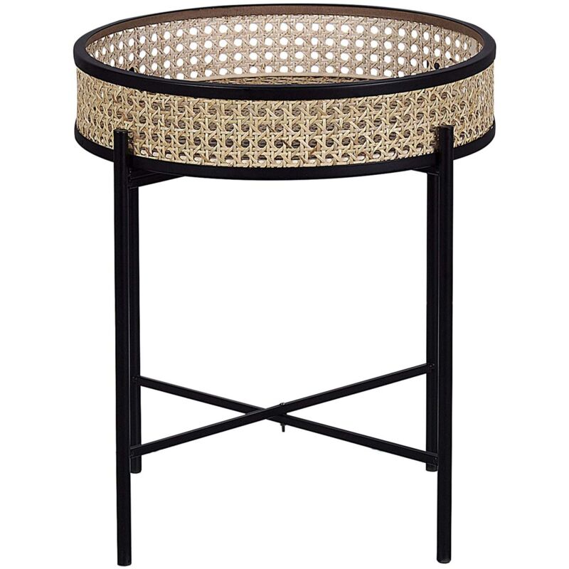 Beliani - Table Appoint En Metal Noir et Rotin Clair Plateau Amovible Diametre 36 cm Pour Interieur Boho Ou Moderne