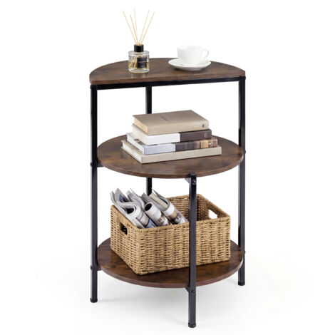 Table Appoint Style Industrielle à 3 Niveaux, Bouts de Canapé avec Cadre Métallique et Patins Ajustables, Table de Chevet Ronde avec Étagère