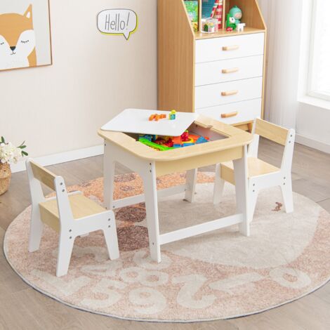 Table avec 2 Chaises Enfants 3-6 Ans - Plateau 2 Face : Noir et Blanc Dessin Effaçable Espace de Rangement Caché CW5211 Maison Chic