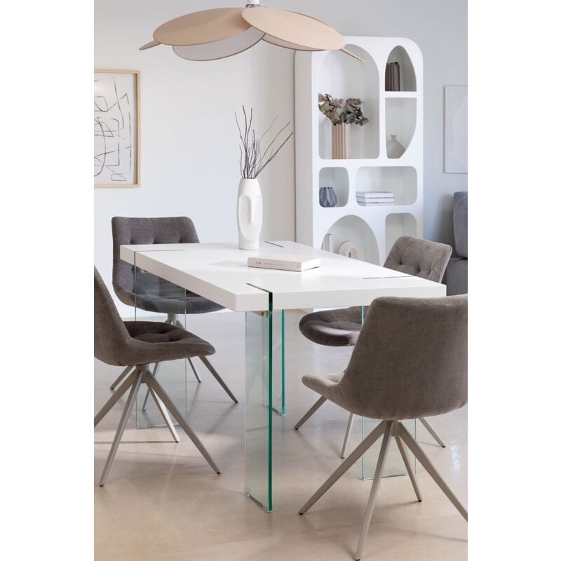 Sklum - Table Rectangulaire en mdf et pieds en Verre Kali Bois Blanc 140 x 80 cm