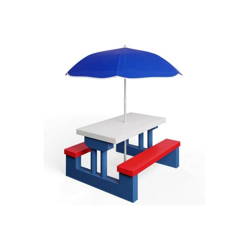 Table, bancs et parasol pour enfants Bleu, blanc et rouge