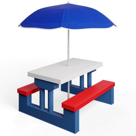 Table, bancs et parasol pour enfants Bleu, blanc et rouge
