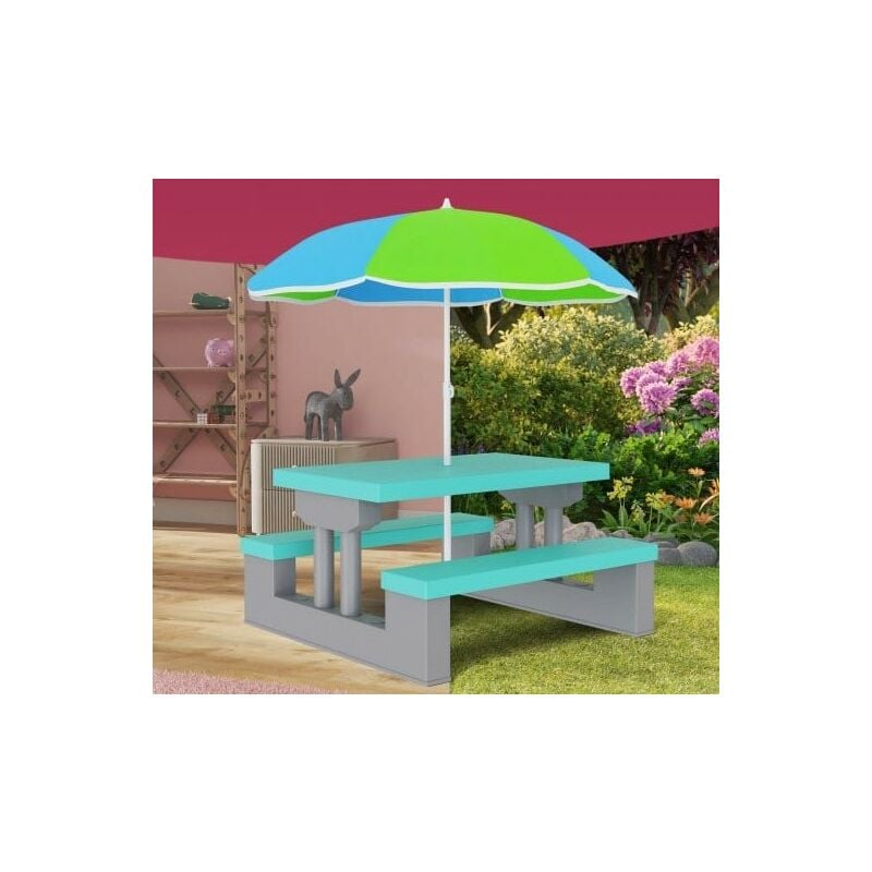 Le Poisson Qui Jardine - Table, bancs et parasol pour enfants Bleu et vert