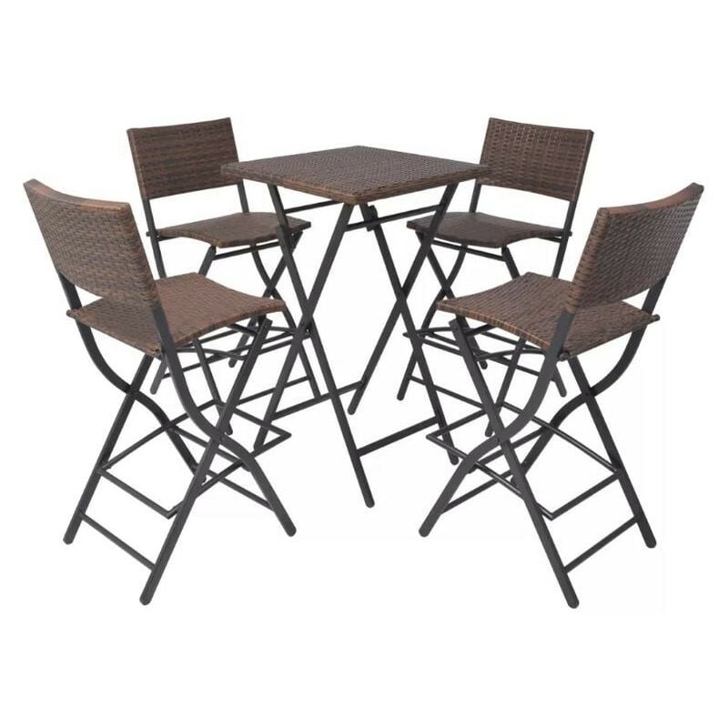 Table bar carrée et 4 chaises de jardin résine tressée marron Klark