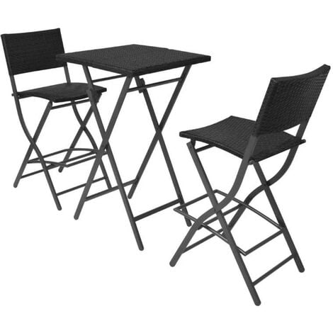 Table bar carrée et 2 chaises de jardin résine tressée noir Klark