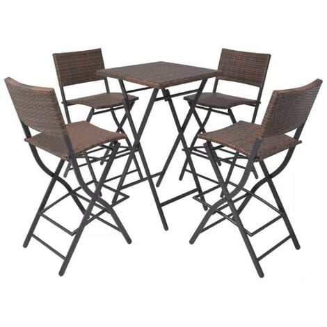 Table bar carrée et 4 chaises de jardin résine tressée marron Klark