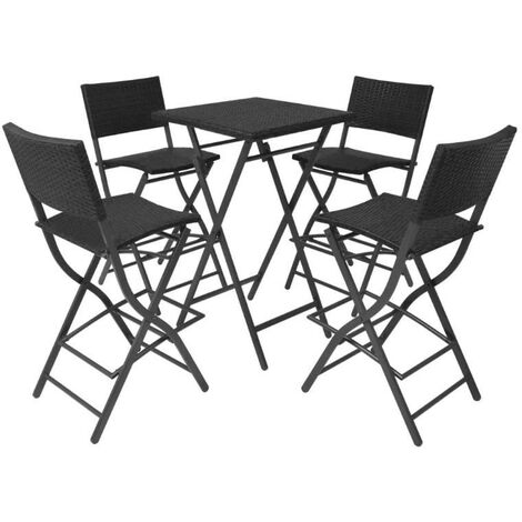 Table bar carrée et 4 chaises de jardin résine tressée noir Klark