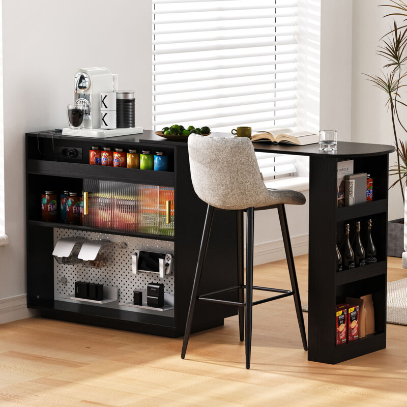 Table bar extensible 360°, Îlot de cuisine avec LED et prise USB/Type-C 120x50x95,5 cm, MDF noir