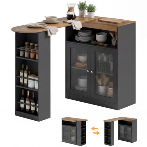 Table bar extensible rotative 90° étagères ouvertes 2 portes vitrées, 150x80x105,5 cm, noir/naturel