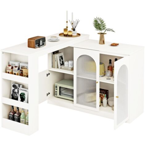 Table bar pivotante 360° blanche 120x40x97cm – Meuble bar moderne avec portes vitrées – Rangement optimisé pour bouteilles et livres
