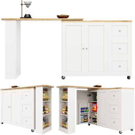Table bar pivotante 360° blanche 135-203x39x106cm sur roues à 3 tiroirs et porte-snacks,îlot multifonction cuisine et salon.
