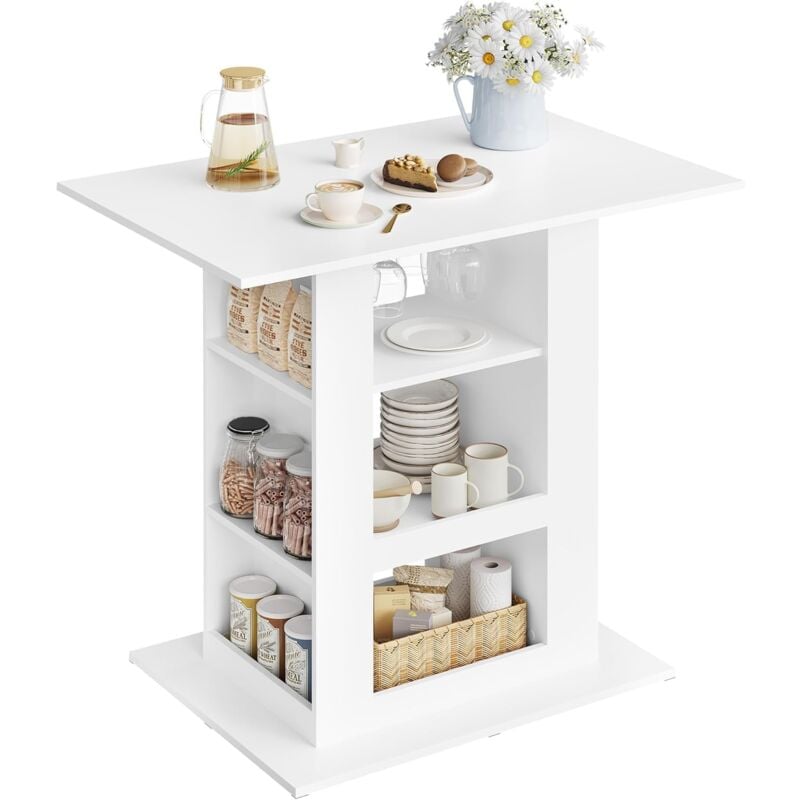 Woltu - Table Bar avec Rangement, Ilôt Central Cuisine, 2 Porte-Verres, 3 Casiers Ouverts, Étagères Latérales, 105x94x68cm, Table Haute, Blanc