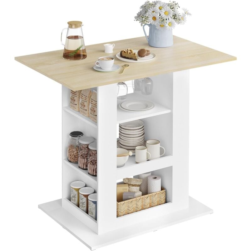Woltu - Table Bar avec Rangement, Ilôt Central Cuisine, 2 Porte-Verres, 3 Casiers Ouverts, Étagères Latérales, 105x94x68cm, Table Haute, Blanc+Chêne