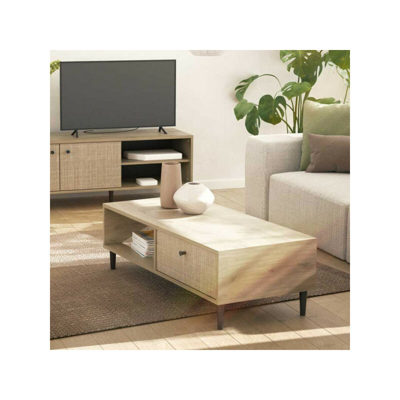 Table basse 1 niche 1 tiroir Chêne clair GONSAI - L 110 x l 50 x H 35 cm