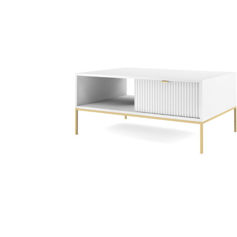 Table basse : 1 tiroir, Blanc, or, 104 × 46 × 68 cm, poignées dorées
