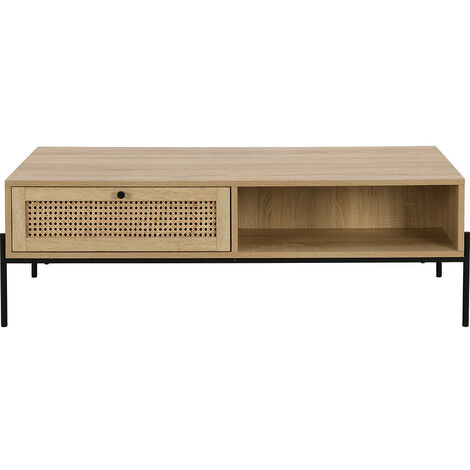 Table basse 1 tiroir en cannage naturel et effet chêne 115 cm - Iris