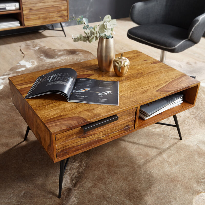Table basse 1 tiroir et 1 niche en bois massif naturel et noir