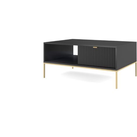 Table basse : 1 tiroir, Noir, or, 104 × 46 × 68 cm, poignées dorées