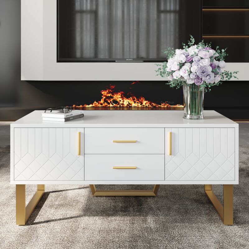 Dans Les Nuages - Table basse 100 cm, rectangulaire, avec 2 portes, 2 tiroirs de rangement, brillante, poignées et pieds en métal, table de salon en