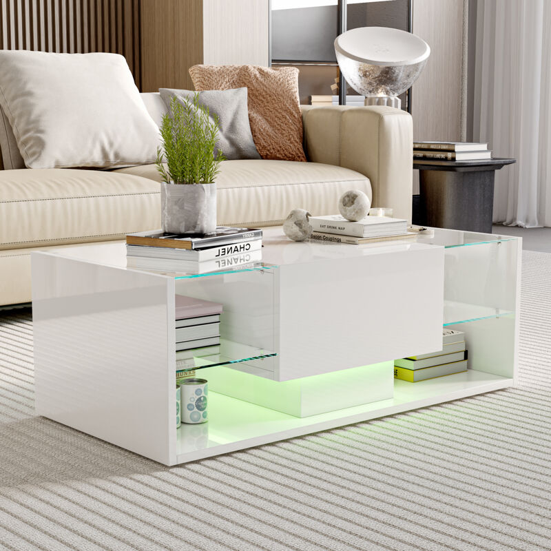 Nmonet – Table basse fixe 100 cm – Éclairage LED intégré – Verre trempé et MDF laqué brillant – Tiroir et étagères de rangement – Blanc