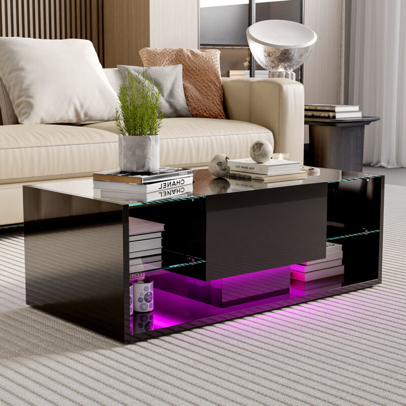 Nmonet – Table basse fixe 100 cm – Verre trempé et MDF – Éclairage LED intégré – Tiroir et 3 étagères de rangement – Finition laquée brillante – Noir