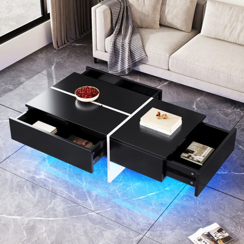 Tanant - Table basse 100cm, Table basse haute brillance, structure en blocs noir et blanc, système d'éclairage led avec contrôle app, mobilier de