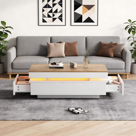 Table basse 100 x 50 x 35 cm avec 2 tiroirs, table d'appoint LED laquée brillante, table à thé, console, table de salon, table basse, blanc et bois.