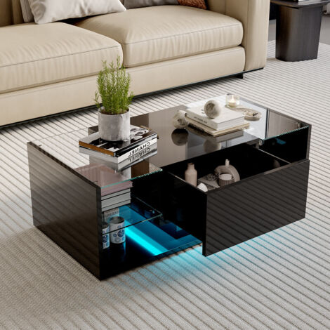 Table basse, 100 x 50 x 35 cm, table basse rectangulaire, table basse de salon, avec éclairage LED RGB, espace de rangement extra-large, table d'appoint intelligente, style nordique, noir