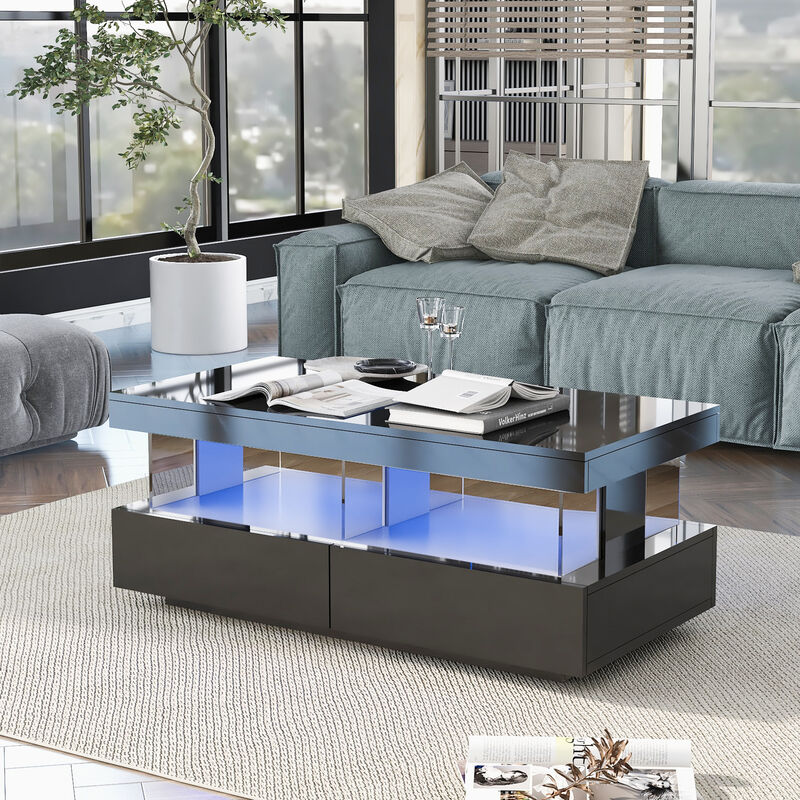 Modernluxe - Table basse avec led - 2 tiroirs et 2 compartiments - style moderne - Noir