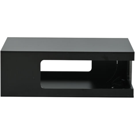 Table Basse 100x50cm - Noire Brillante avec LED & Étagères en Verre - Pour Salon - Noir