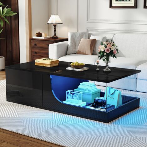 Table basse 100x50x30cm - Design noir avec LED - 2 tiroirs et plateau verre trempé - Structure MDF robuste - Pour salon