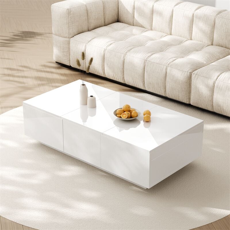 Fortuna Lai - Table basse 100x50x31cm, table de salon haute brillance avec structure de rangement push-pull, tiroirs double face, blanc