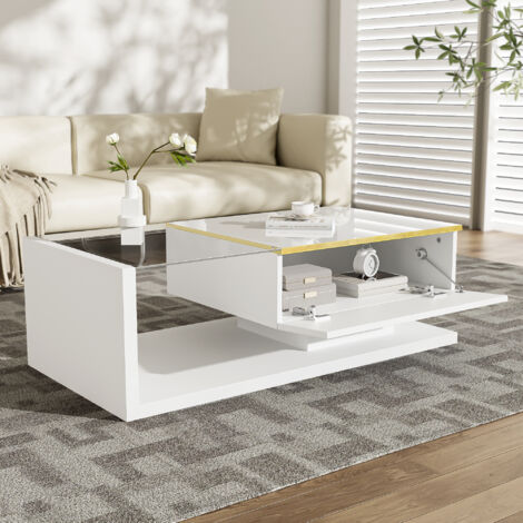 Table basse 100x50x32.5 cm avec un plateau brillant orné de verre et d'effets LED fabriquée en panneaux de particules blanc