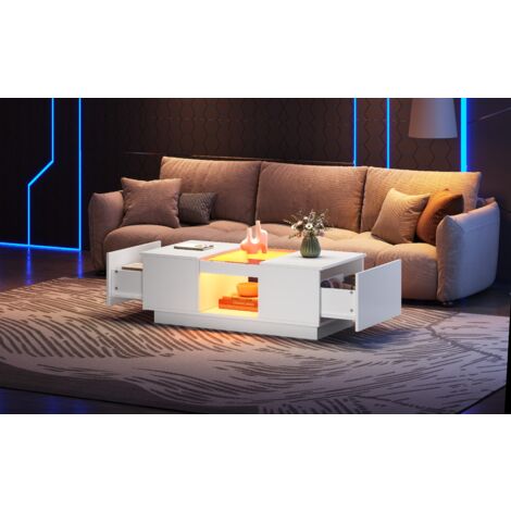 Table basse 100x50x35,5 cm , LED, contrôle par application, 2 tiroirs, 1 compartiment ouvert, blanc
